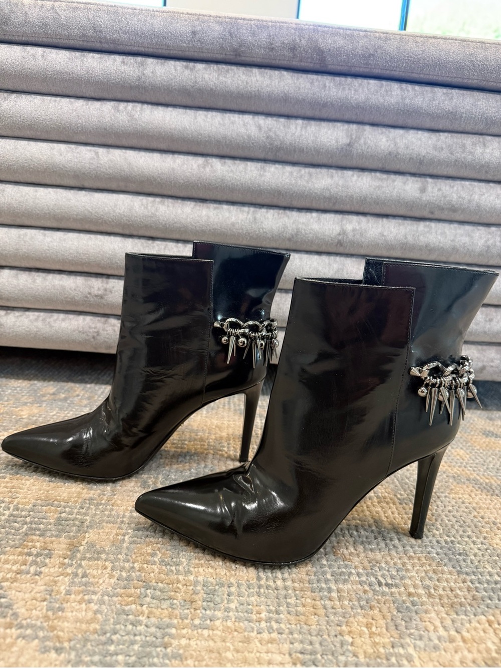 Sergio Rossi Black Patent Pointed-Toe Stiletto Ankle Boots with Spike Charm